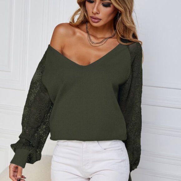 Cozy Floral Lace Sleeve Off Shoulder Sweater Top - Picture 4 of 16